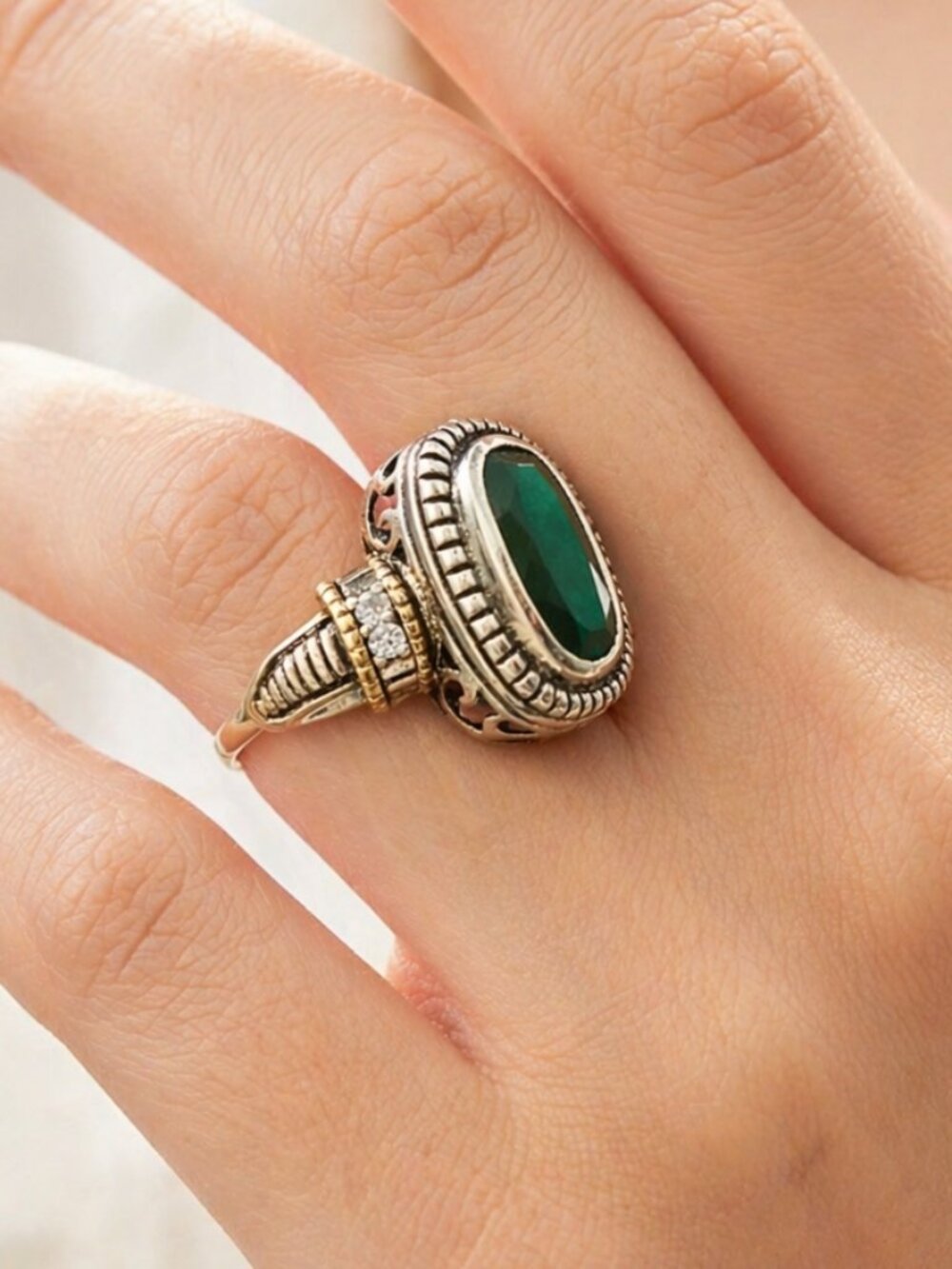 Vintage 14K Gold Sterling Silver Green Onyx Statement Ring Size 7 - Picture 10 of 10